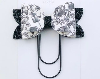 Black And White Floral Chloe Bow Paper Clip, Flower Glitter Bow Paperclip Bookmark