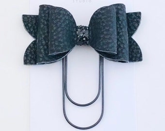 Black Faux Leather And Glitter Chloe Double Bow Paperclip, Black Book Clip
