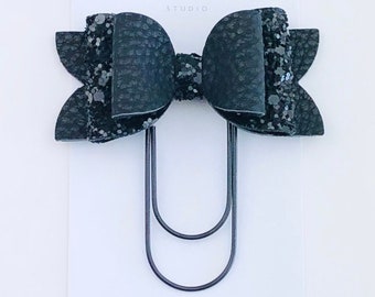 Black Glitter And Faux Leather Chloe Bow Paperclip, Black Bow Clip