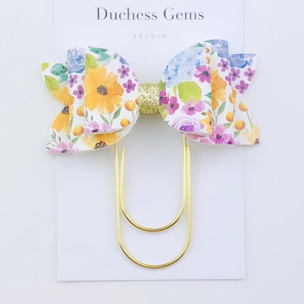 Yellow Purple Floral Chloe Bow Paper Clip, Water Colour Flower Faux Leather Bow Paperclip Bookmark