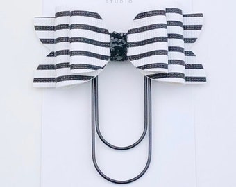 Black And White Striped Chloe Bow Paperclip, Black White Stripe Bow Paper Clip, Bookmark