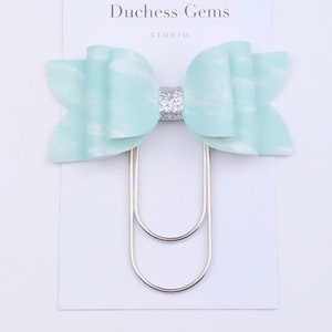 Mint Marble Chloe Bow Paper Clip, Green Marble Bow Planner Paperclip Bookmark