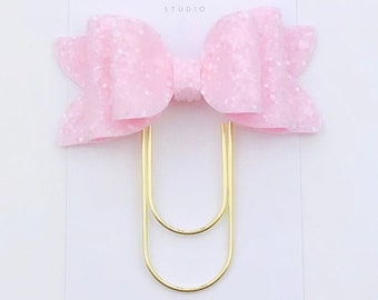 Pastel Pink Glitter Chloe Bow Paper Clip Bookmark, Baby Pink Glitter Bow Paperclip
