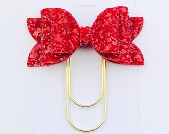 Rich Red Glitter Chloe Bow Paper Clip Bookmark, Red Glitter Bow Paperclip