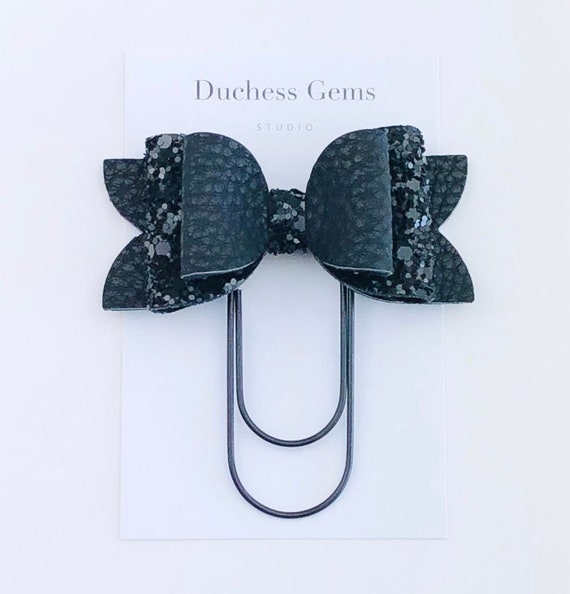 Black Glitter And Faux Leather Chloe Bow Paperclip, Black Bow Clip