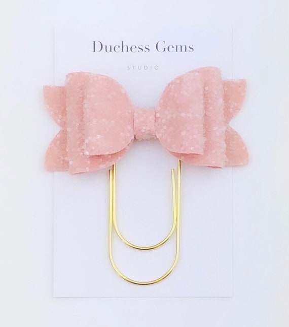 Pink Glitter Chloe Bow Paper Clip, Elegant Pink Glitter Bow Paperclip, Bookmark