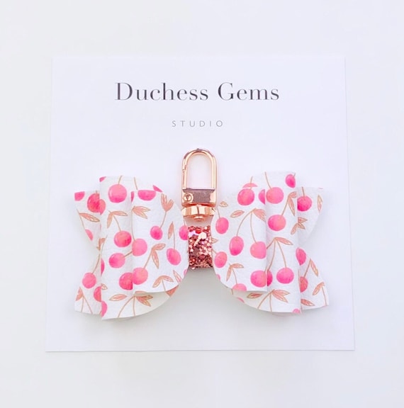 Rose Gold Cherry Bow Bag Charm, Cherries Faux Leather Bow  display picture 3