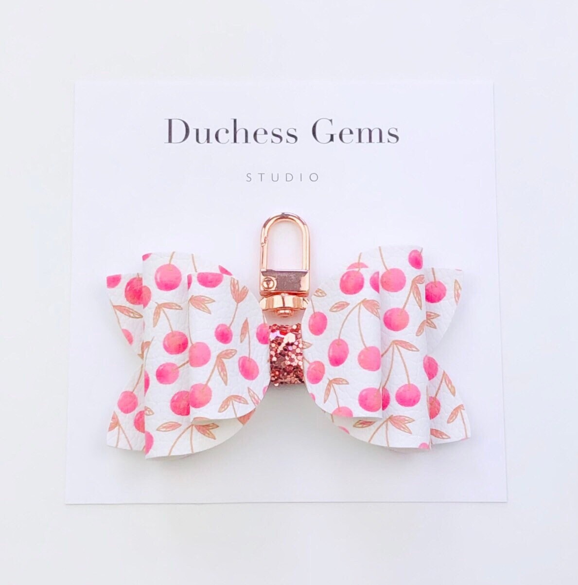 Rose Gold Cherry Bow Bag Charm, Cherries Faux Leather Bow  display picture 3