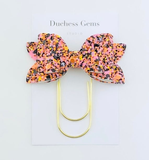Orange Pink and Black Mixed Glitter Chloe Bow Paper Clip  display picture 2