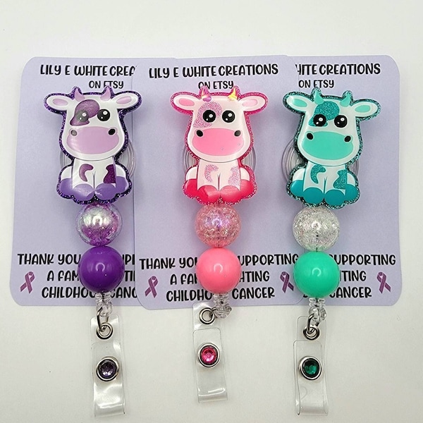 Baby sitting cow calf in bright colors with matching beads and rhinestone gem retractable badge reel RN gift summer nurse cute animal