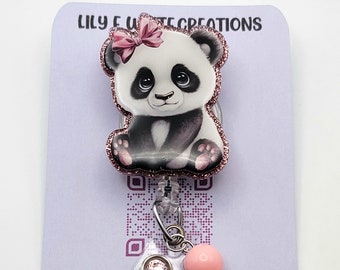 Rose Gold Accented Cute Girl Sitting Panda Badge Reel | Matching Bead Charm | Extends 34 Inches Interchangeable