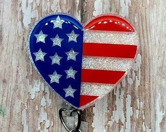 4th of July Heart-Shaped Badge Reel | 34-inch Extension | White Glitter | American Flag Theme with Stars and Stripes | Patriotic