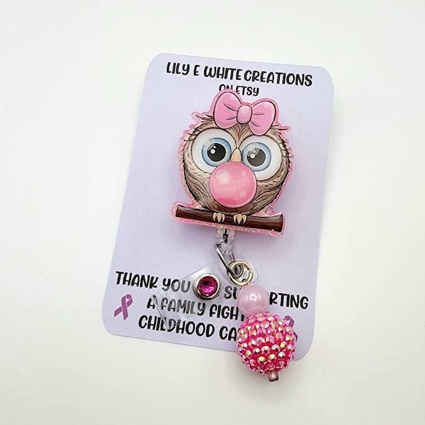 Pink Glitter Owl Retractable Badge Reel with Rhinestone Gem Interchangeable