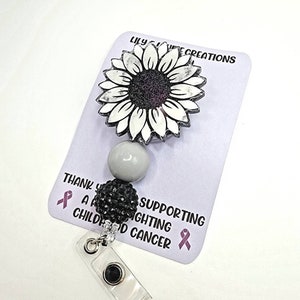 Marbled black and white sunflower with matching beads and rhinestone gem retractable badge reel RN ID holder Glitter Nurse Key card Medical