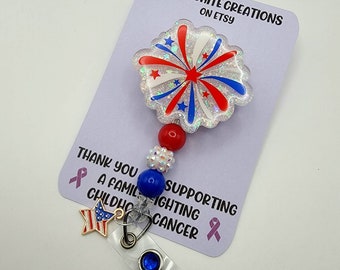 4th of July Firework Badge Reel - Red, White, and Blue with Rhinestone Gem Interchangeable