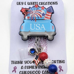 Fourth of July truck with fireworks red white and blue retractable badge reel with matching rhinestone gem 4th summer holiday id badge