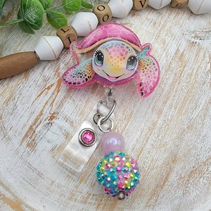 Colorful Turtle Badge Reel with Matching Bead Charm and Rhinestone Accent Interchangeable
