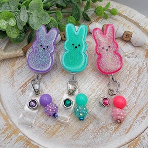 Easter peep holiday retractable badge reel in different colors with matching beaded charm Interchangeable