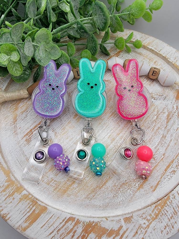 Easter Peep Holiday Retractable Badge Reel in Different Colors With  Matching Beaded Charm Interchangeable 