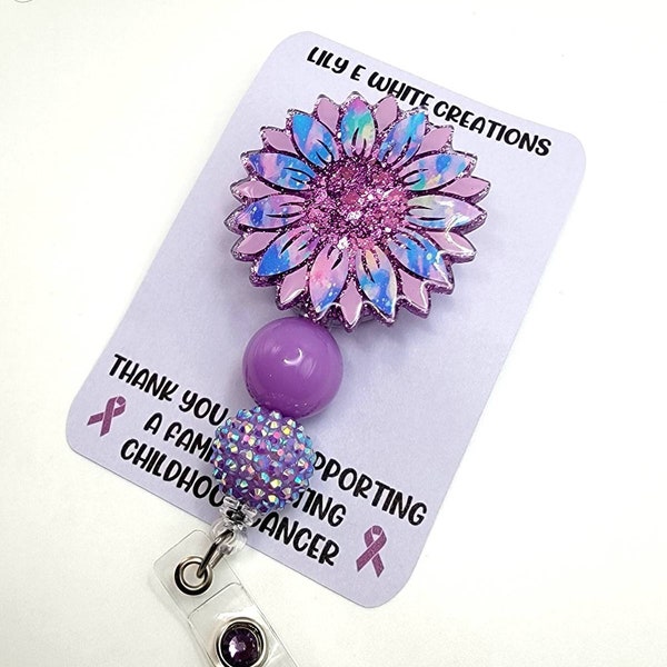 Purple sunflower retractable badge reel with matching beads and rhinestone gem RN ID holder Glitter Nurse Key card Medical Gift Accessory