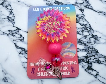 Tie Dye Sunflower Badge Reel - Rainbow Colors, Bright Pink Glitter, Interchangeable, 34 inches