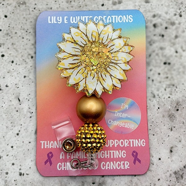 Childhood Cancer Awareness Sunflower Badge Reel with Matching Beads | White and Gold Ribbon Print | Glitter Background | Interchangeable | E