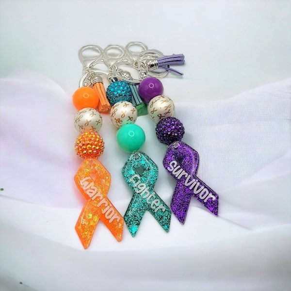 Custom awareness glitter ribbon bubblegum beads gold ribbon keychain or zipper pull 5" Cancer Support memorial