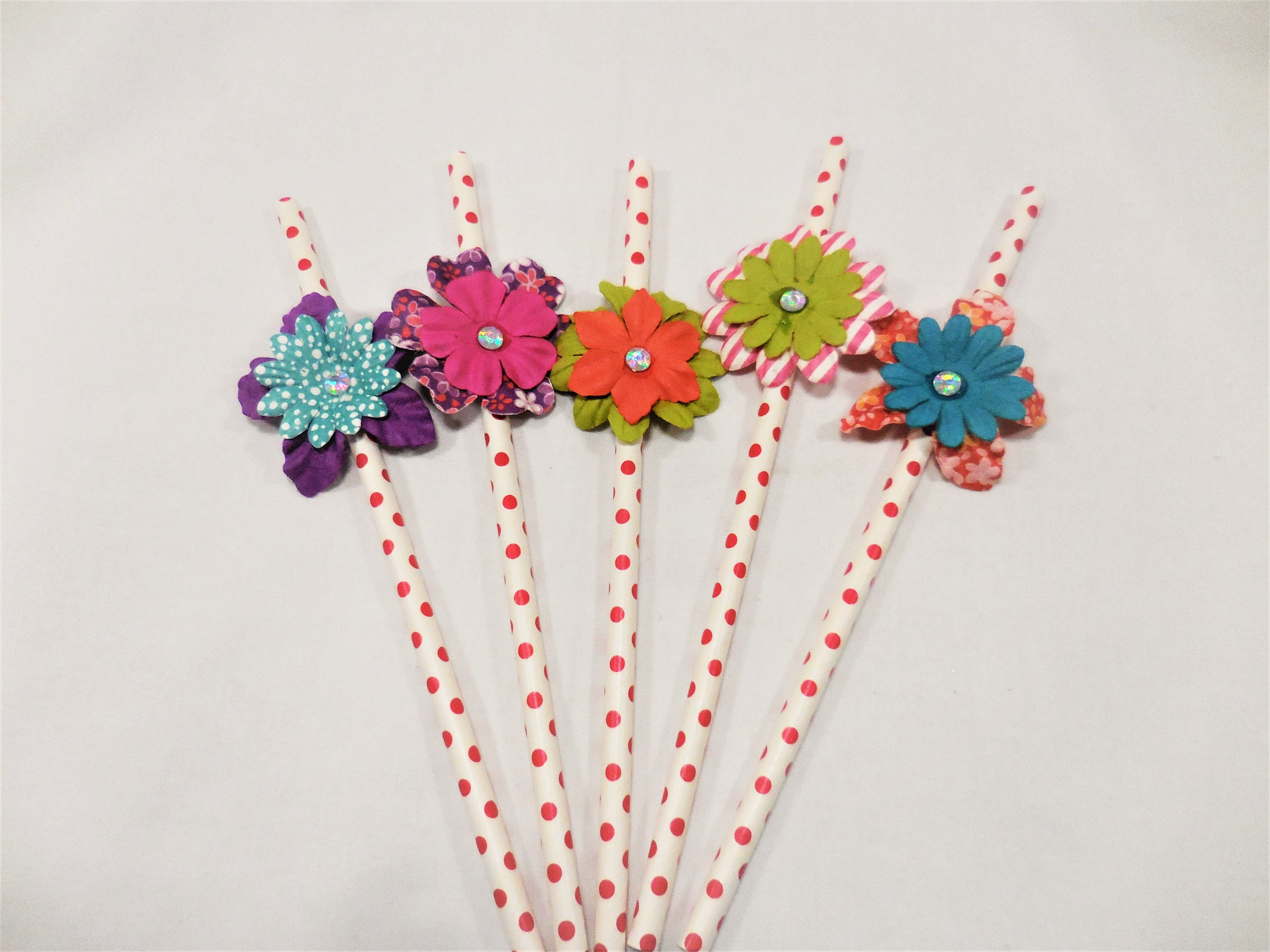 Flower Paper Straws 12 CT Red Polka Dots Floral Straws Etsy