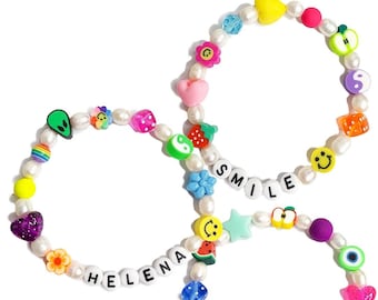 Freshwater Pearls Beaded bracelet | Kandi, PLUR & 90s inspired | Trendy Beaded bracelet | Rainbow bead bracelets | Mother&#39;s Day Gift