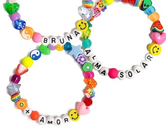 Customizable name beaded bracelet | Kandi, PLUR, 80s 90s inspired | Beaded bracelet | Rainbow bead bracelets | Mother&#39;s Day Gift