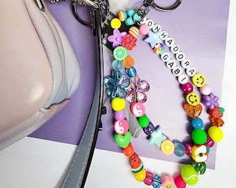 Custom Name Beaded Keychain | Kandi & 90s inspired | Rainbow beaded keychain charm | Custom Keychain | Mother&#39;s Day Gift