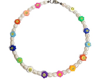 Rainbow Flower Smiley Face Pearl Necklace | 90s Jewelry