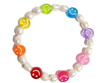 Rainbow Smiley Face Pearl Bracelets | 90s inspired | Pearl Smiley bracelets 90s aesthetic | Freshwater Pearl Bracelets | Mother&#39;s Day Gift