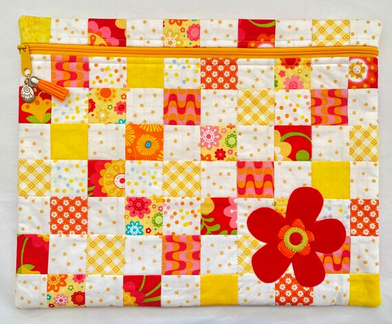 Cross Stitch Project Bag, Quilted Applique Retro Floral, Gingham