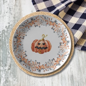 Jack-O-lantern Halloween Plate Featuring a Jack-O-Lantern and Fall Wreath - Halloween Dinnerware For Fall Gatherings, Halloween Table Decor