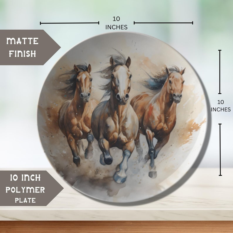 May include: A 10 inch polymer plate with a matte finish featuring a watercolor painting of three brown horses running. The horses are in a light brown, tan, and white color scheme with a light brown background.