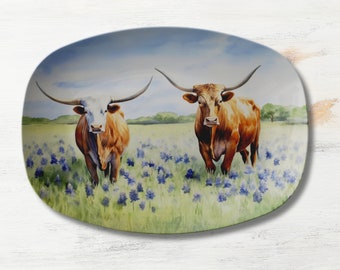 Texas Longhorn Serving Platter - Longhorn Cattle Dinnerware, Bluebonnet Platter, Farmhouse Western Table Decor