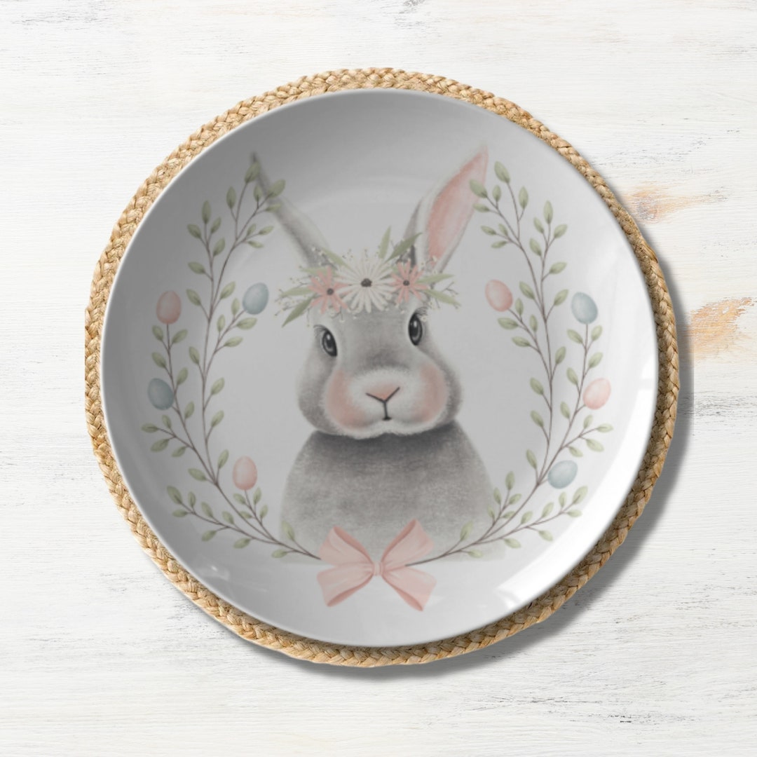Easter Rabbit Plate Floral Bunny Wreath, Easter Dinner Plate Set