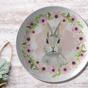 Easter Rabbit Dinner Plate - Pink Flower Bunny Wreath Plates, Easter Dinnerware, 10 Inch DecoWare Polymer, Spring Dinnerware Plate, Gift