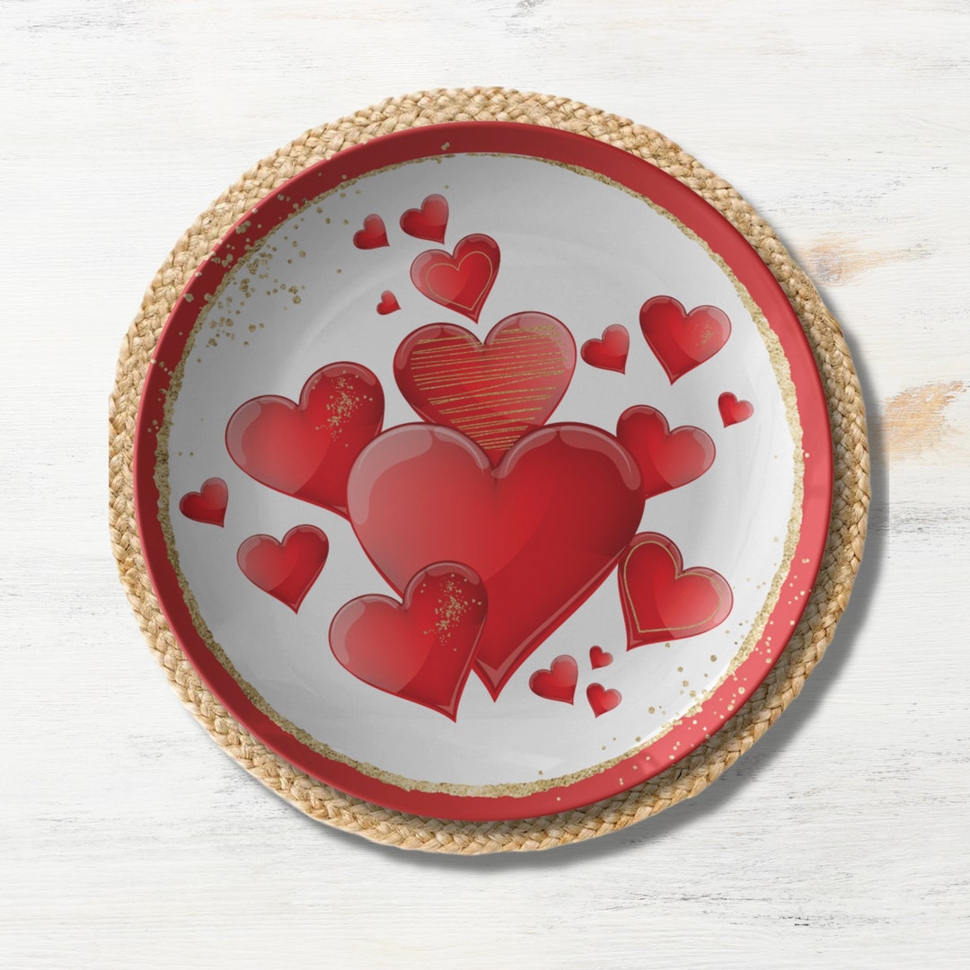 Valentine Plate With Red Hearts and Gold Accents, Valentine Dinnerware