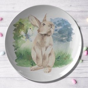 May include: A white ceramic plate with a watercolor illustration of a brown rabbit sitting in a green grassy field with a butterfly. The background features a blue sky with clouds.