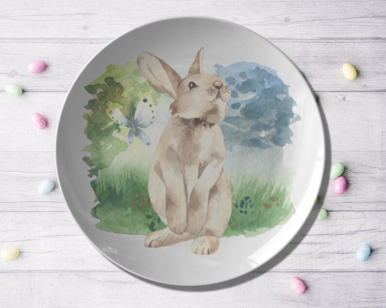 May include: A white ceramic plate with a watercolor illustration of a brown rabbit sitting in a green grassy field with a butterfly. The background features a blue sky with clouds.