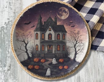 Spooky Haunted House Halloween Plate  – Victorian Haunted Mansion Dinnerware, Halloween Party Decor, Halloween Dinnerware, Spooky Plates