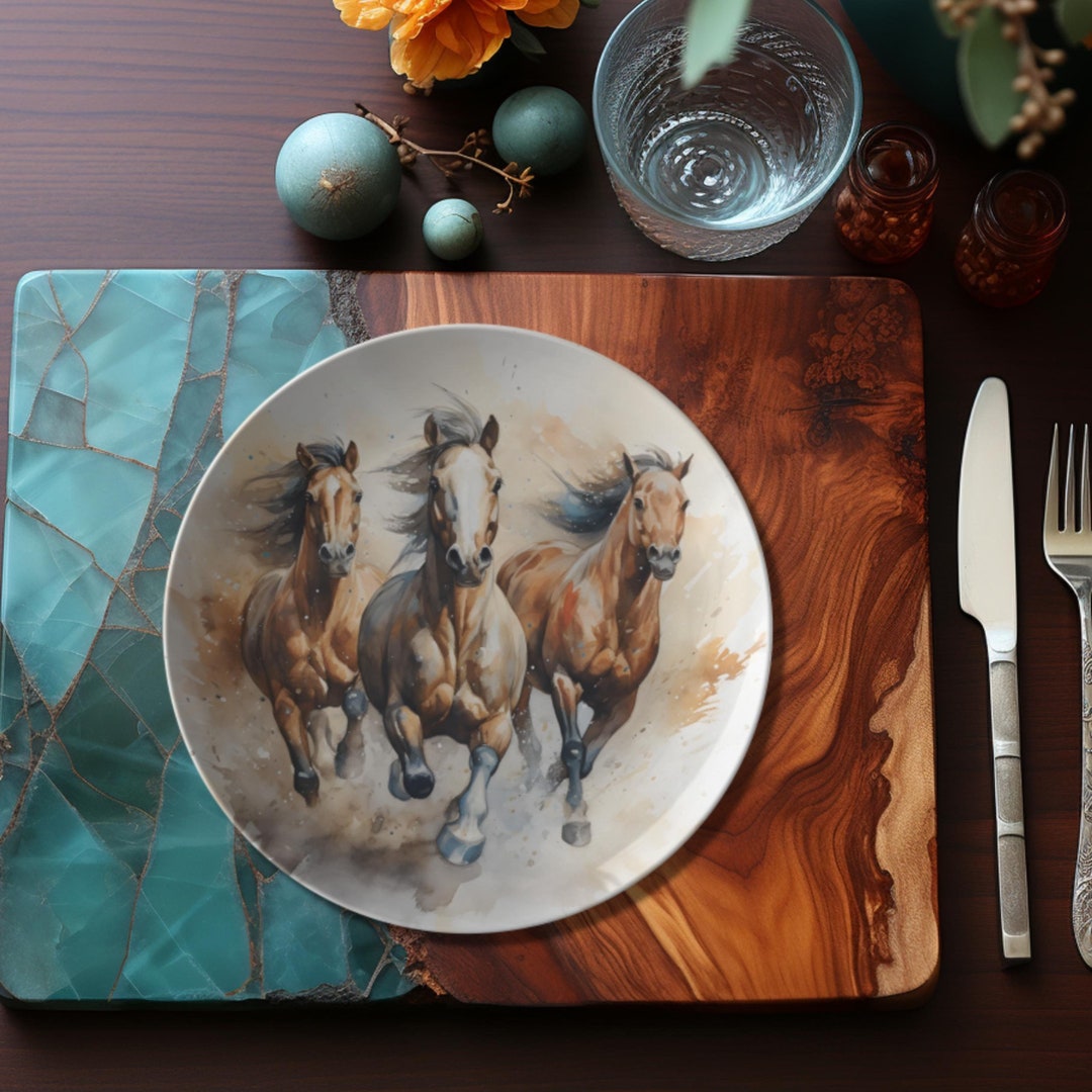 Horse Dinner Plate Western Dinnerware, Watercolor Wild Horses, Horse