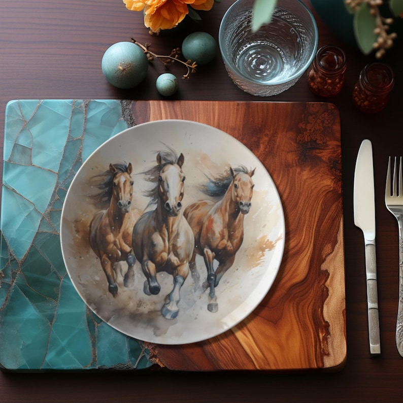 A dinner plate with three wild horses running.  The horses have watercolor elements of browns tans. Gorgeous horse plate or gift for a horse lover.