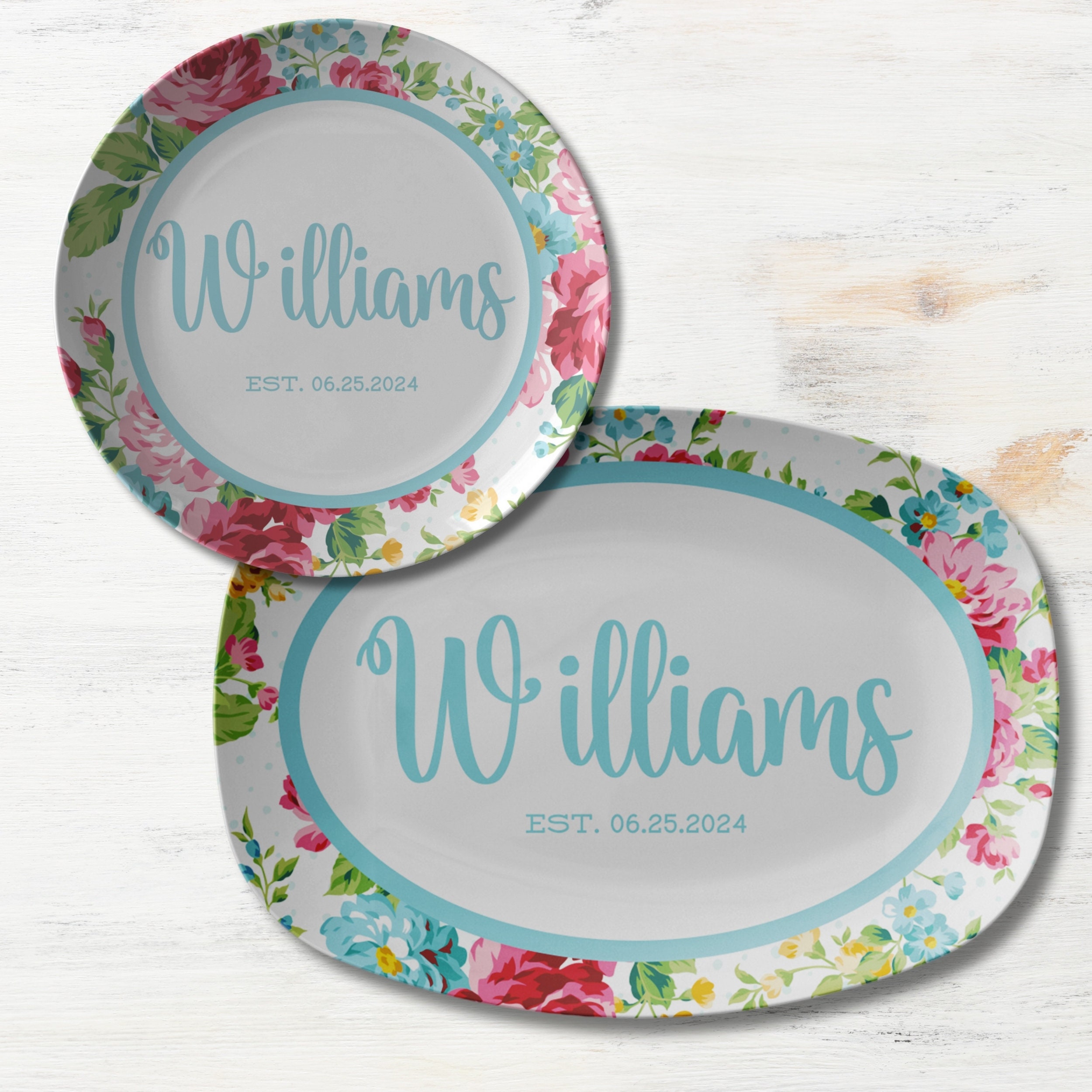 Names Dish Set Personalized Name Platter Featuring A Sweet Rose Floral Design, Custom ...