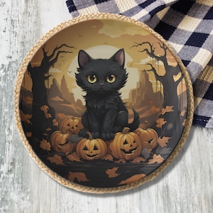 Halloween Black Cat Plate - Black Cat Dinnerware, Halloween Kitchen Table Decor, Halloween Dinnerware, Cat Dinnerware, Fall Halloween Dishes