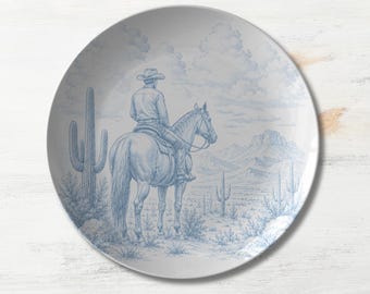 Western Cowboy Plate - Blue Toile Cowboy Decor, Ranch Style Dinner Plate, Horse Lover Gift, Southwestern Western Kitchen Decor