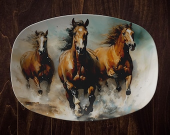Wild Horses Serving Platter - Farmhouse Dinnerware Featuring Watercolor Style Horses, Western Decor, Farmhouse Tableware, Horse Ranch Dishes