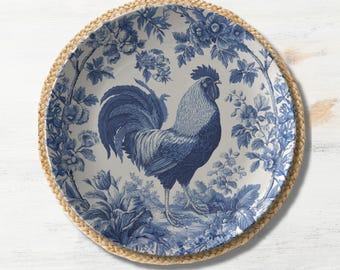 Blue Toile Rooster Decorative Plate: French Country Farmhouse Kitchen Décor, Vintage Style Chicken Plate, Chicken Lover Gift
